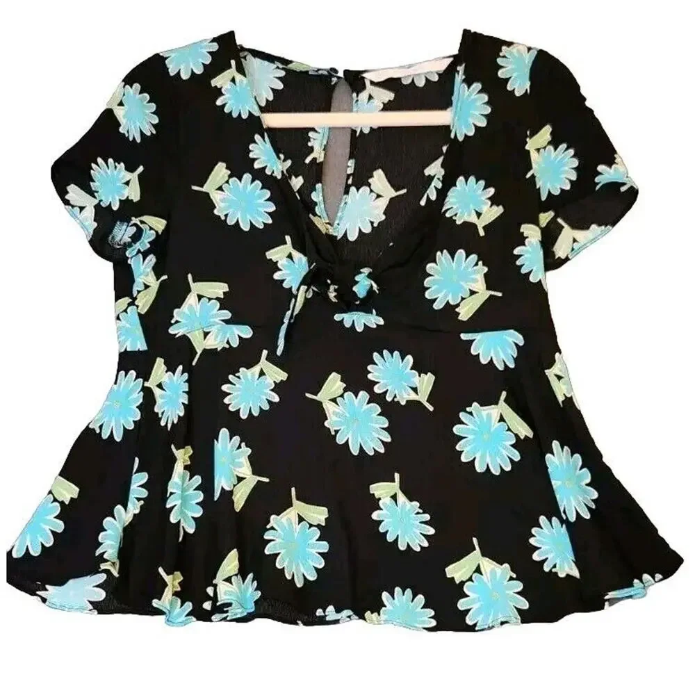 Zara Trafaluc Collection Summer Blouse Keyhole Back Short Sleeve Sz M Tie Front - Picture 1 of 7